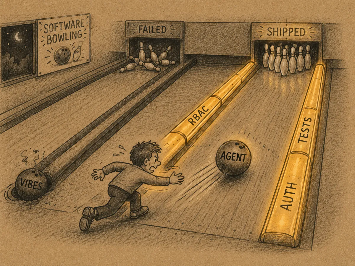 SOFTWARE BOWLING: a boy hurls a ball labelled AGENT down a lane with glowing bumpers labelled AUTH, RBAC and TESTS toward pins labelled SHIPPED, while in the next lane a ball labelled VIBES sits in the gutter beneath a sign reading FAILED.