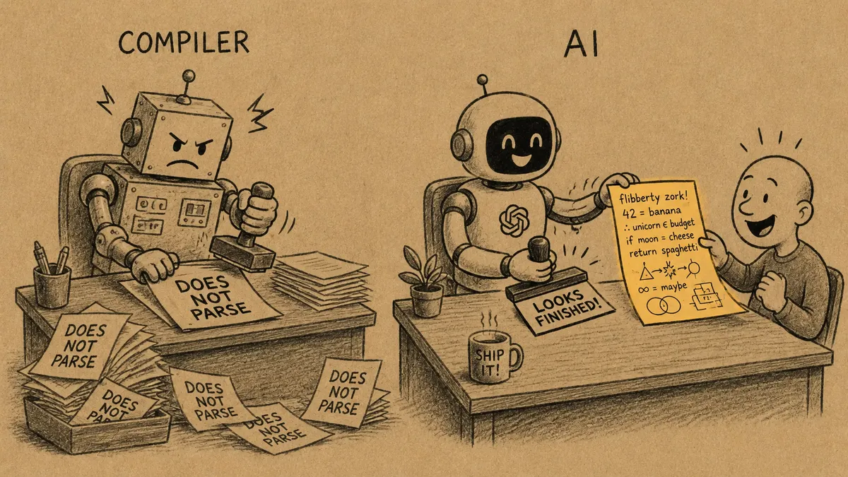 Hand-drawn cartoon on kraft paper. Two desks: an angry robot labelled COMPILER stamps a page DOES NOT PARSE beside a pile of rejected pages, while a smiling AI robot stamps LOOKS FINISHED on a page of obvious nonsense and hands it to a delighted bald man whose mug reads SHIP IT.