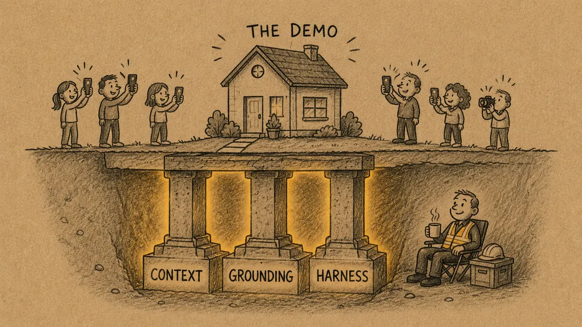 Cross-section of a small house labelled THE DEMO being photographed by a crowd, while below ground three glowing foundation pillars labelled CONTEXT, GROUNDING and HARNESS hold everything up - and a man in a hi-vis enjoys a cup of tea beside them.