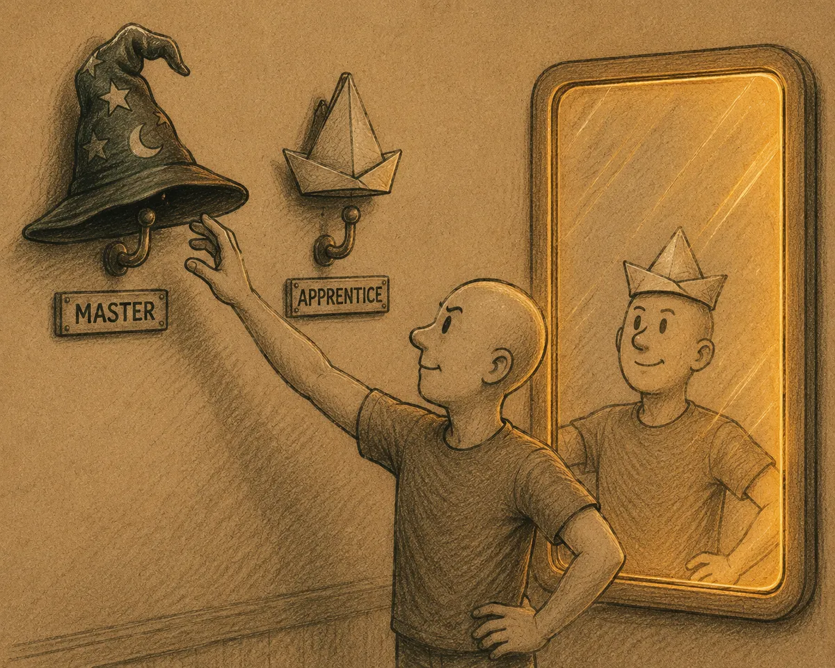 A bald man reaches for a wizard's hat on a hook labelled MASTER while his reflection in a glowing mirror wears the paper hat from the hook labelled APPRENTICE.