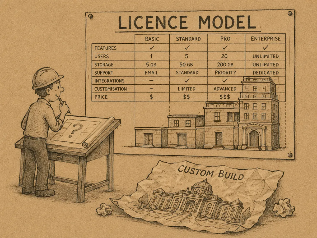 An architect at a drafting table with a question mark on his blueprint, studying a huge pinned pricing grid titled LICENCE MODEL (Basic, Standard, Pro, Enterprise) with buildings sized to each tier - while a crumpled plan labelled CUSTOM BUILD lies on the floor.