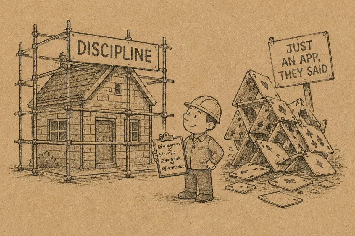 A modest brick house wrapped in serious scaffolding under a banner reading DISCIPLINE, a hard-hatted character holding a checklist of requirements, testing, governance and maintenance - beside a collapsed house of cards signed JUST AN APP, THEY SAID.
