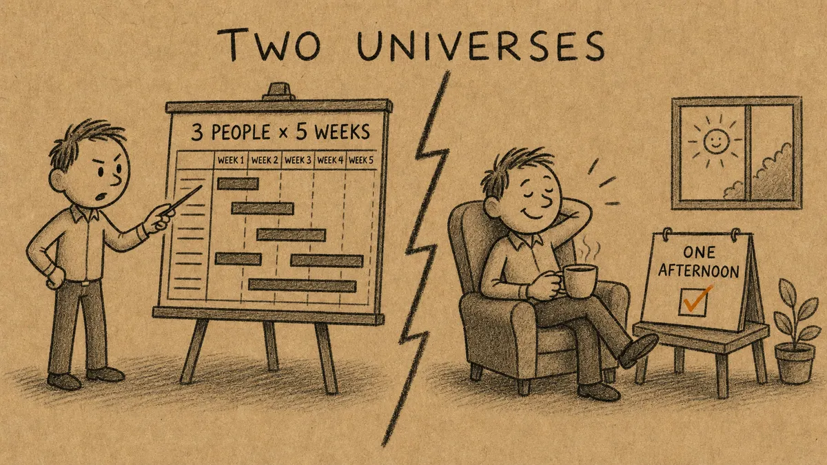 TWO UNIVERSES: on the left a planner points at a Gantt chart labelled 3 PEOPLE x 5 WEEKS; on the right the same man relaxes in an armchair with tea beside a calendar reading ONE AFTERNOON with an amber tick.