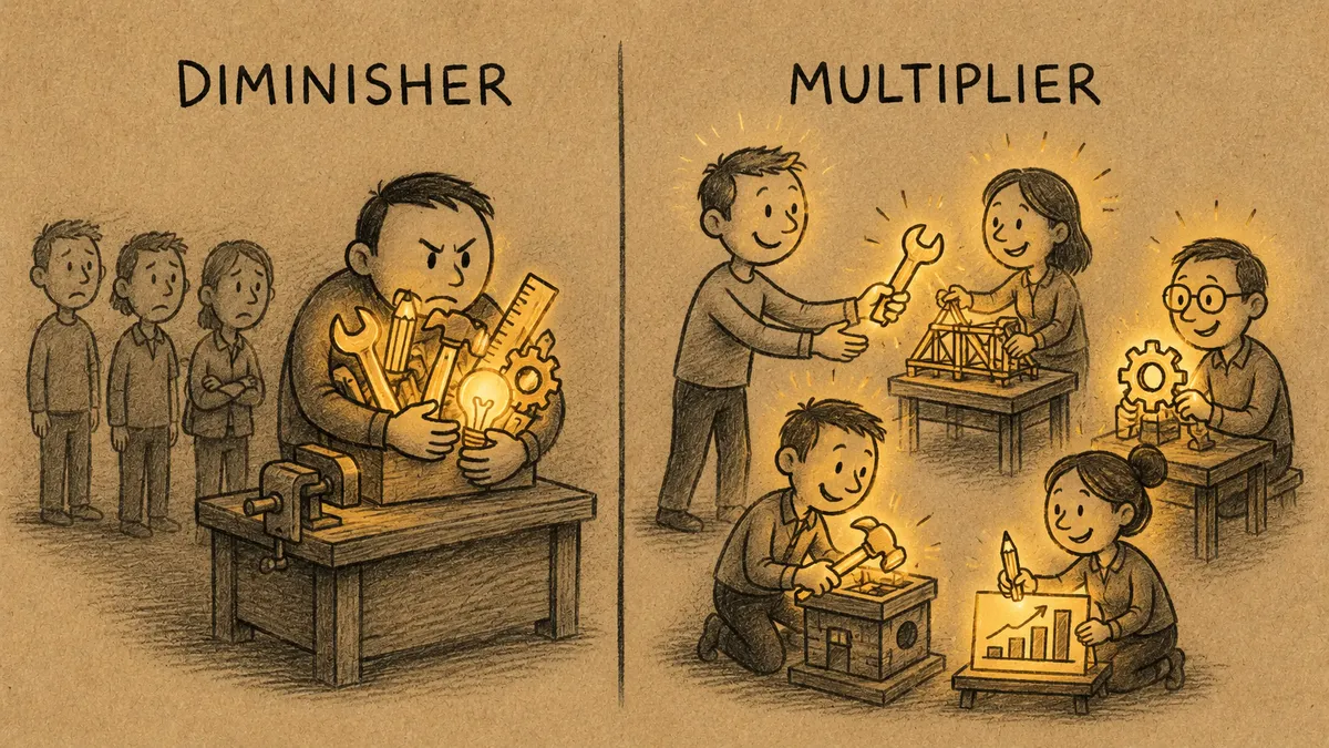 Split kraft-paper cartoon: under DIMINISHER, a figure hoards all the glowing tools at his bench while a dim queue waits; under MULTIPLIER, a figure hands glowing tools to colleagues who each light up building their own things.
