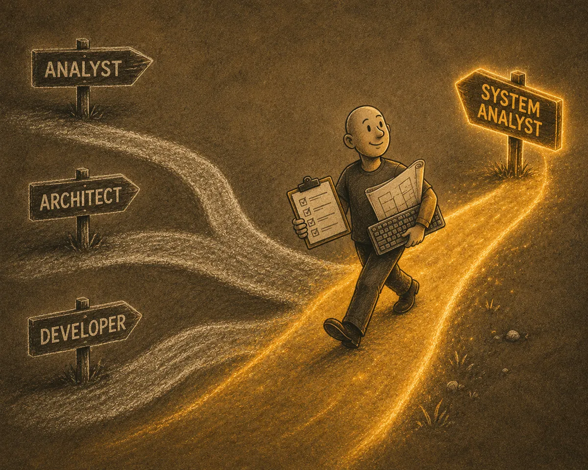 Three faded paths signposted ANALYST, ARCHITECT and DEVELOPER merge into one glowing road signposted SYSTEM ANALYST, walked by a man carrying a clipboard, a blueprint and a keyboard at once.