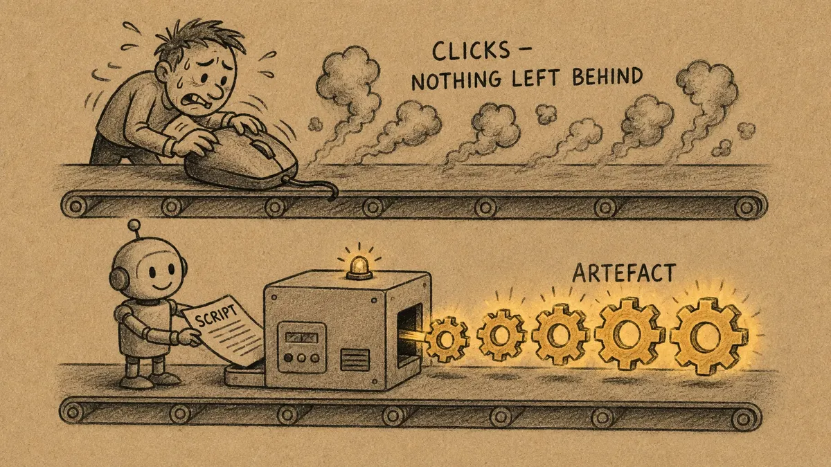 Two conveyor belts: above, a sweating man pushes a giant mouse as his clicks vanish into puffs of smoke labelled CLICKS - NOTHING LEFT BEHIND; below, a small robot feeds a SCRIPT into a machine stamping out glowing gears labelled ARTEFACT.