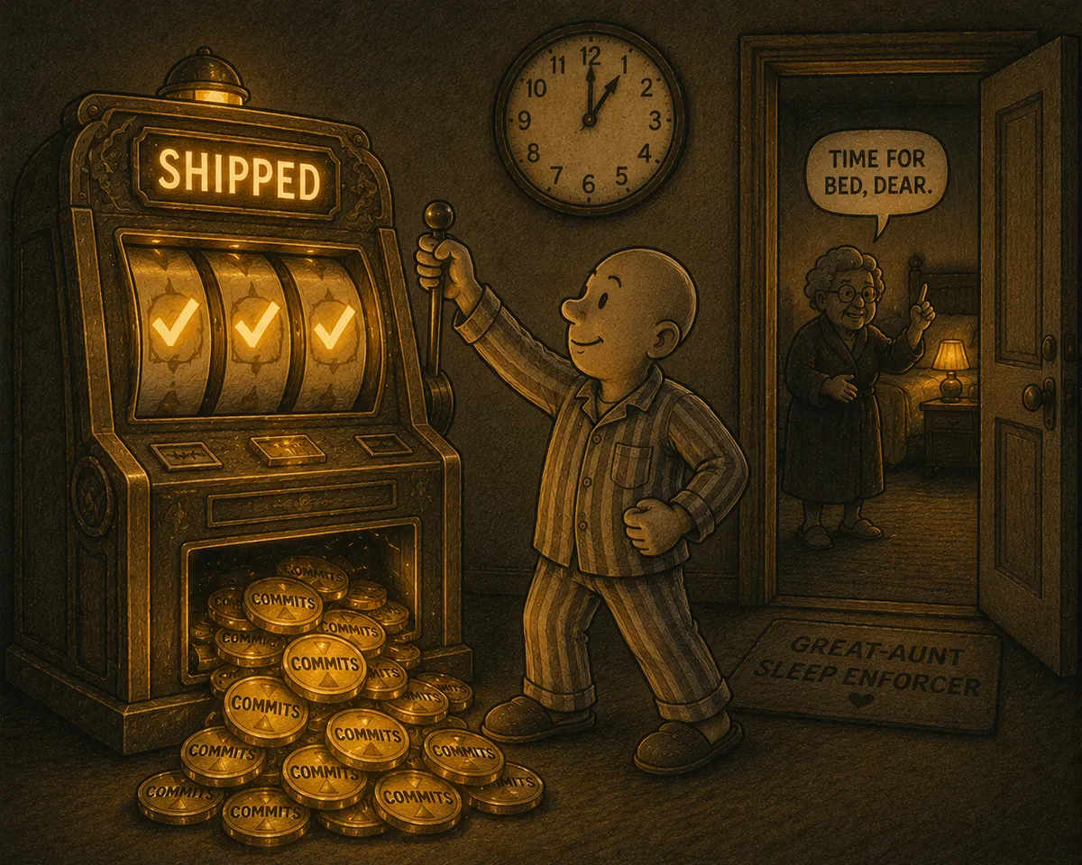 A man in pyjamas pulls the handle of a slot machine whose reels show three amber ticks beneath the word SHIPPED, coins labelled COMMITS piling up and the clock reading one - while his great-aunt appears at the door saying TIME FOR BED, DEAR above a doormat reading GREAT-AUNT SLEEP ENFORCER.