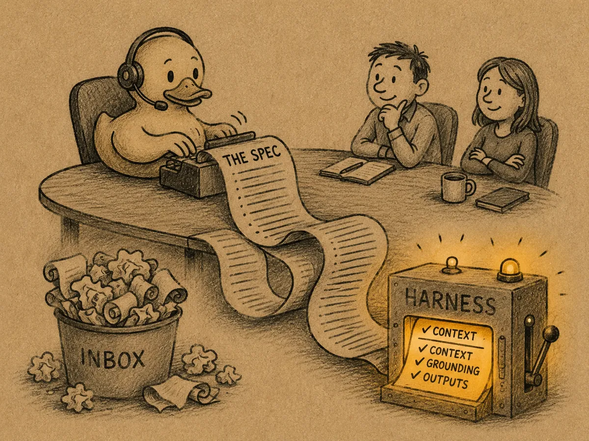 A rubber duck wearing a headset types the meeting into a long scroll labelled THE SPEC, which flows past a wastepaper bin labelled INBOX into a glowing machine labelled HARNESS with ticks for context, grounding and outputs.