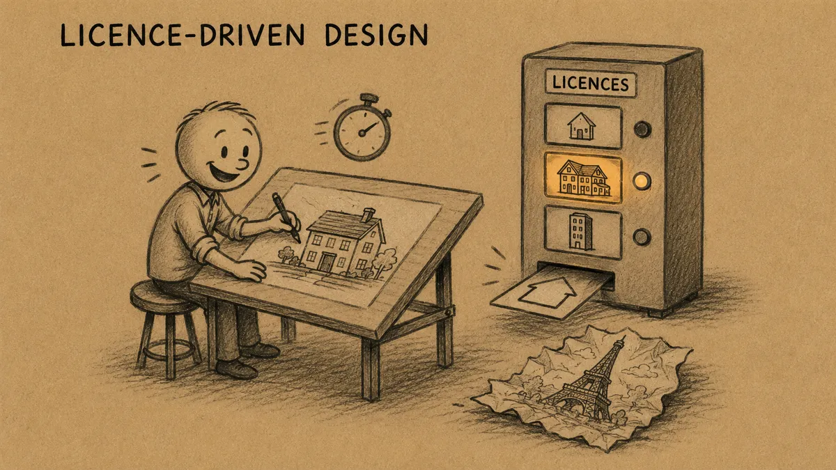 LICENCE-DRIVEN DESIGN: an architect happily sketches a modest house at a drafting table beside a vending machine labelled LICENCES with different building sizes as options - while a crumpled drawing of the Eiffel Tower lies discarded on the floor.