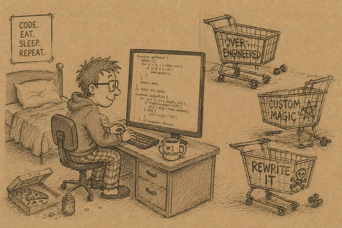 Kraft-paper cartoon: a developer types happily at a desk under a sign reading CODE. EAT. SLEEP. REPEAT., while behind him three abandoned shopping trolleys are labelled OVER-ENGINEERED, CUSTOM MAGIC and REWRITE IT.
