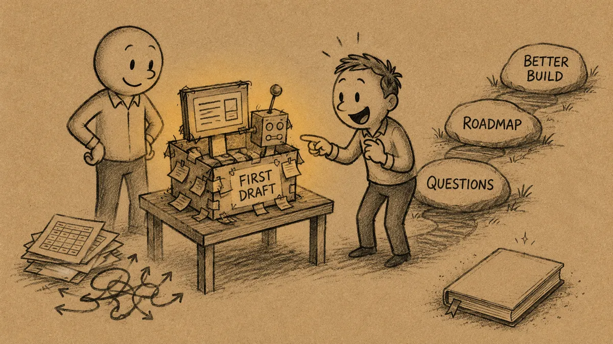 Kraft-paper cartoon: a rough cardboard prototype labelled FIRST DRAFT glows on a table, covered in sticky notes, while a delighted stakeholder points at it and asks questions - a path of stepping stones behind them reads QUESTIONS, ROADMAP, BETTER BUILD.